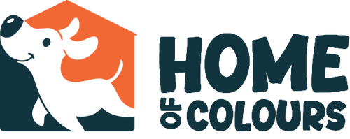 Logo of 'Home of Colours' with a stylized dog and orange house.